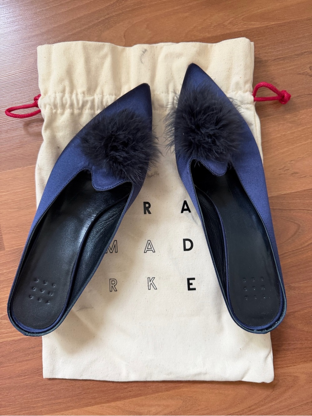 Trademark Navy Satin Feather Mules - Picture 2 of 9